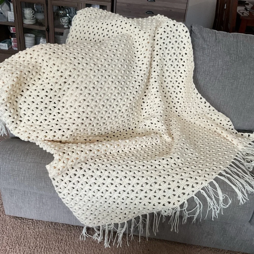 Cream Textured Furniture Cover with Fringe